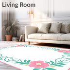 Pink Floral Vines Scrollwork Border Rug