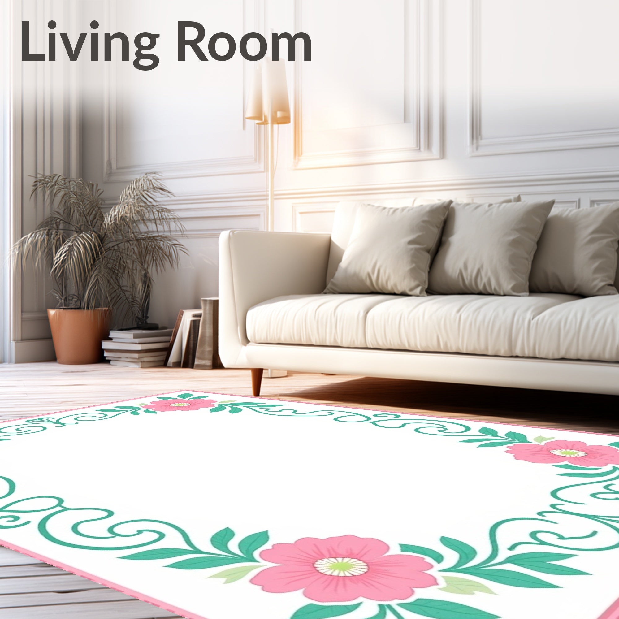 Pink Floral Vines Scrollwork Border Rug