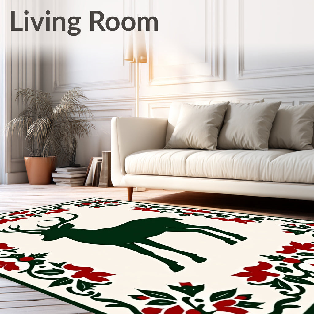 Emerald Deer with Red Floral Border Rug