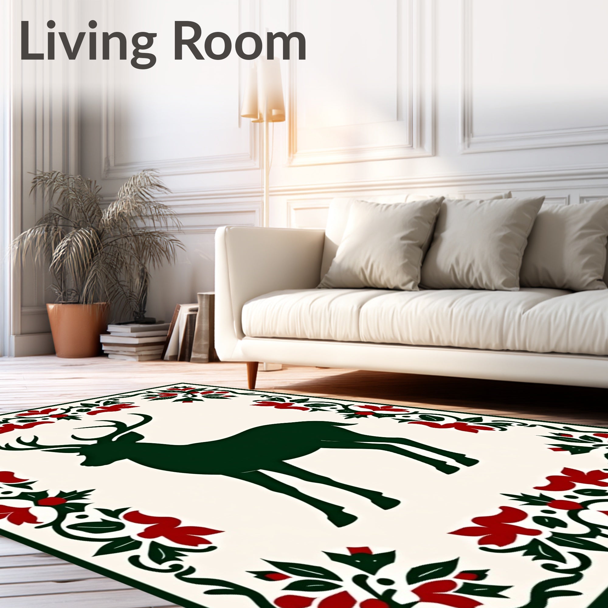 Emerald Deer with Red Floral Border Rug