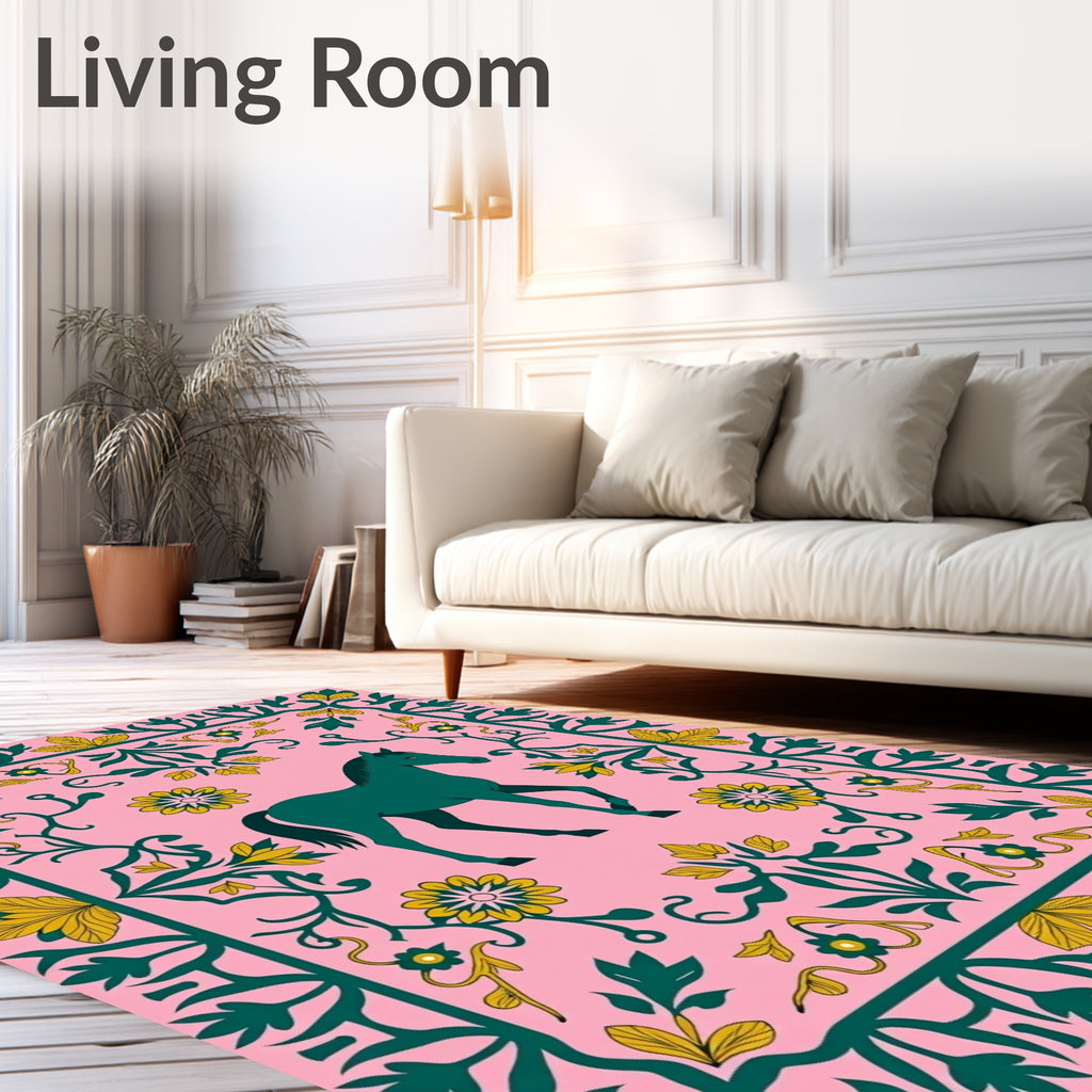 Teal Horse Pink Floral Vine Rug