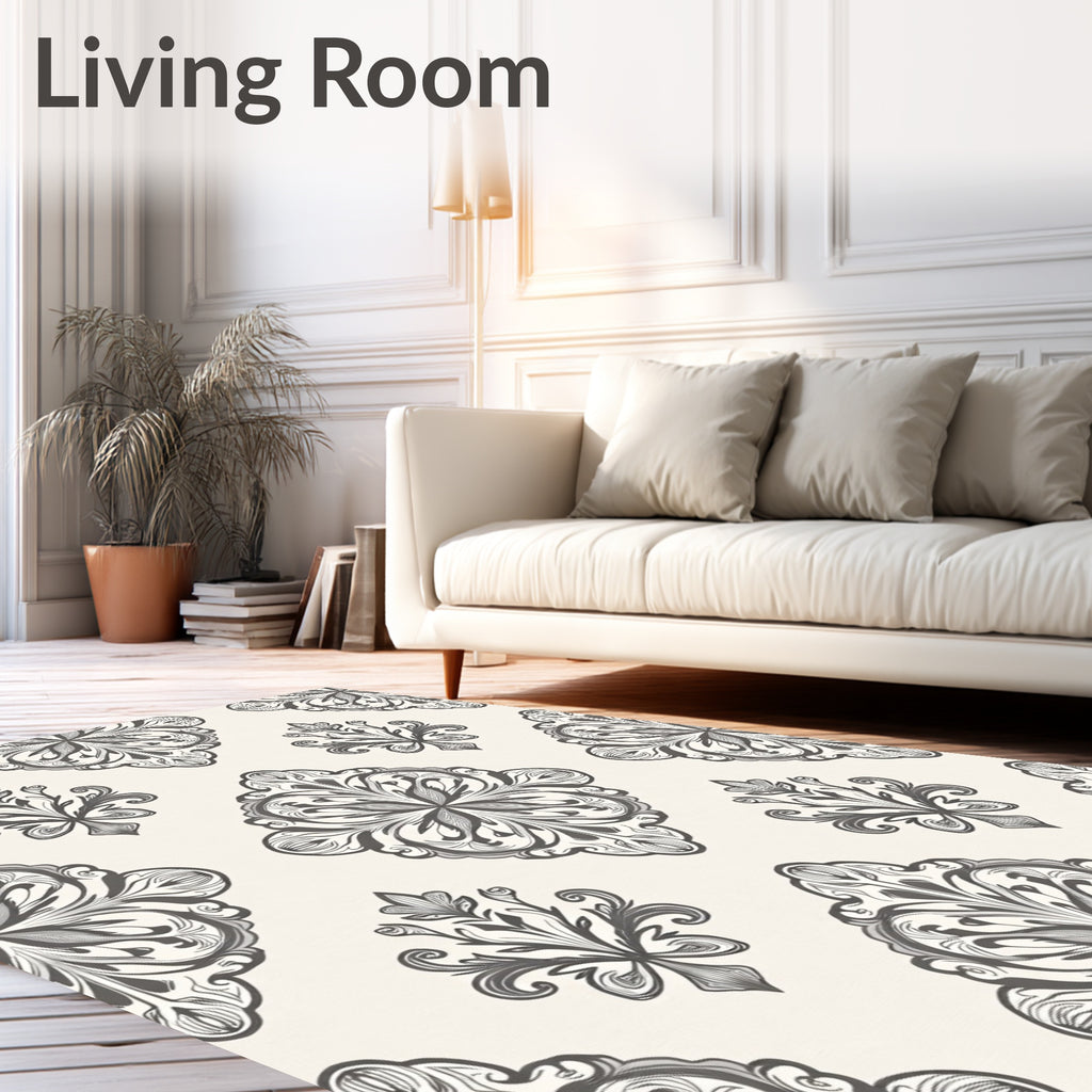 Ornate Gray Damask Floral Elements Rug