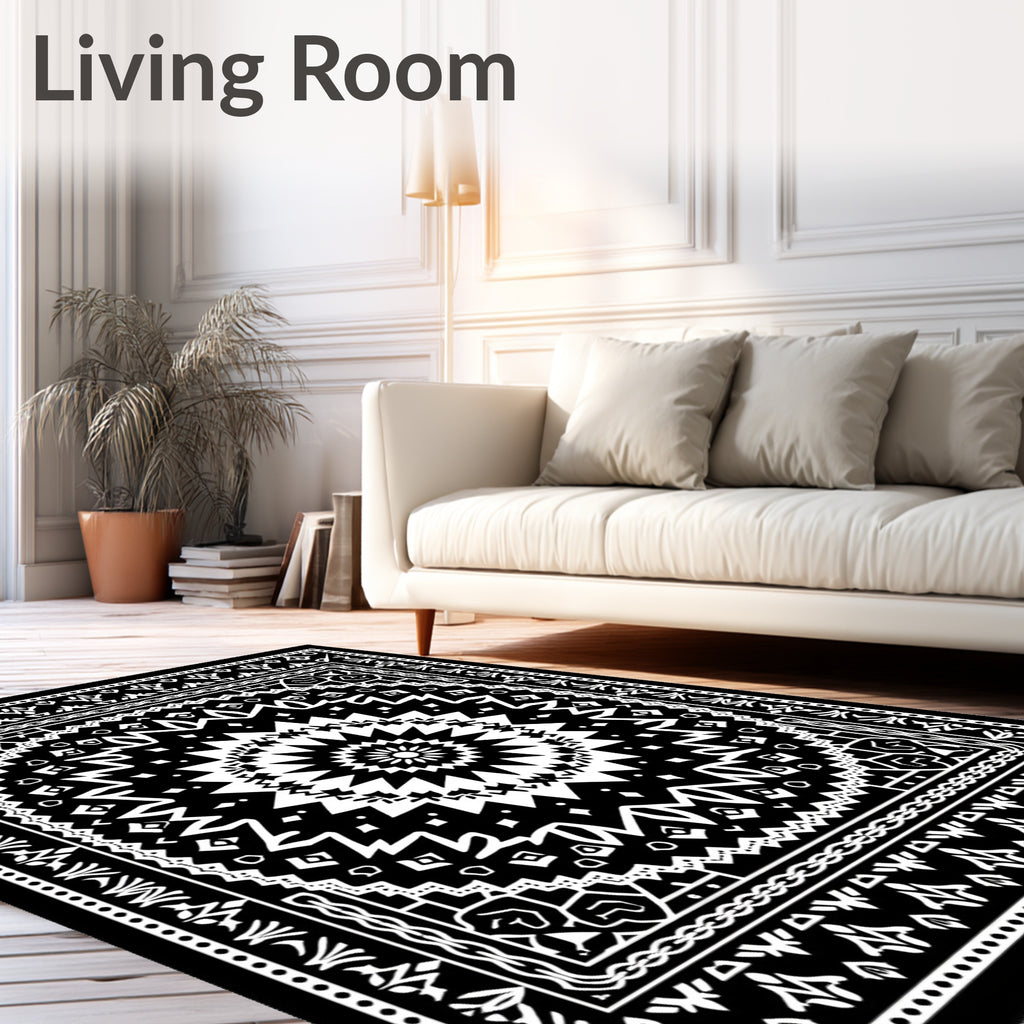 Black White Geometric Sunburst Mandala Rug