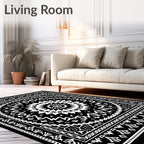 Black White Geometric Sunburst Mandala Rug