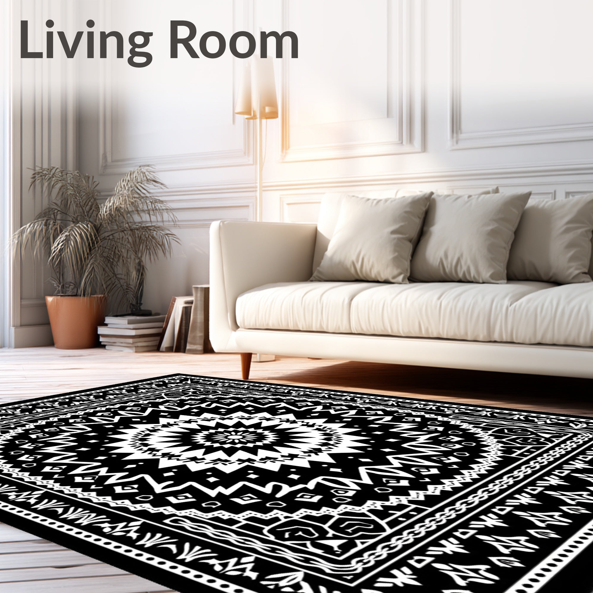 Black White Geometric Sunburst Mandala Rug