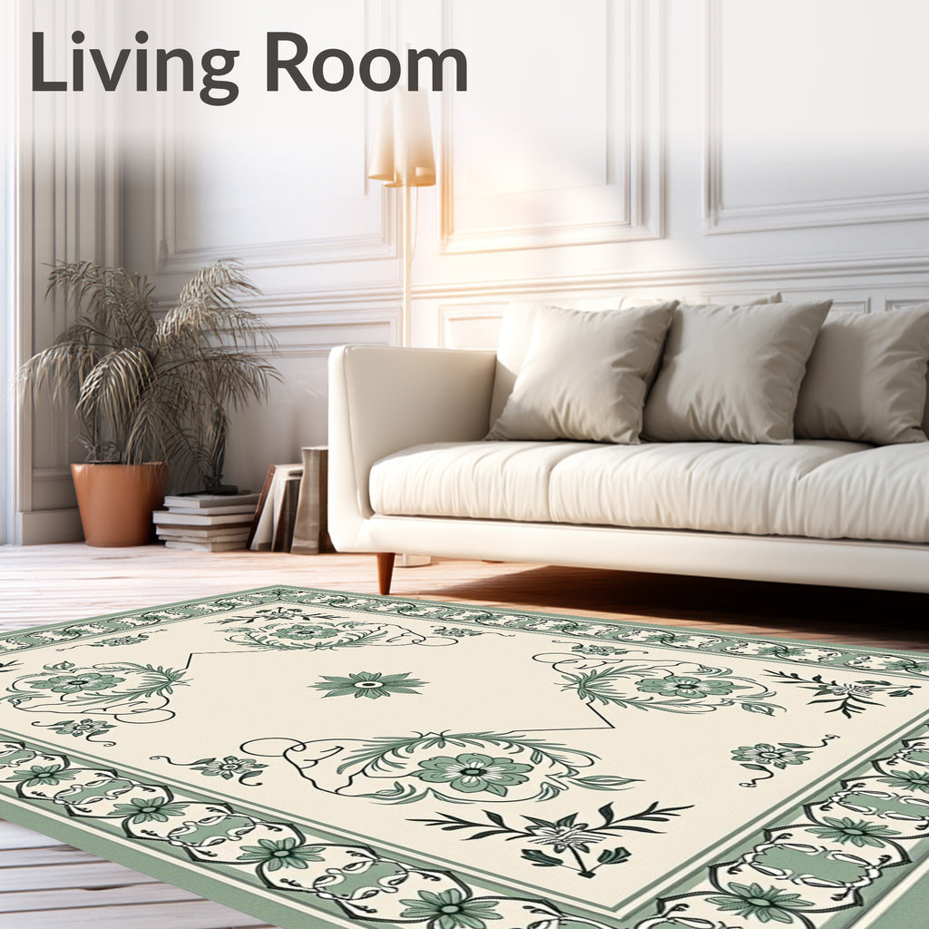 Sage Green Floral Medallion Border Rug