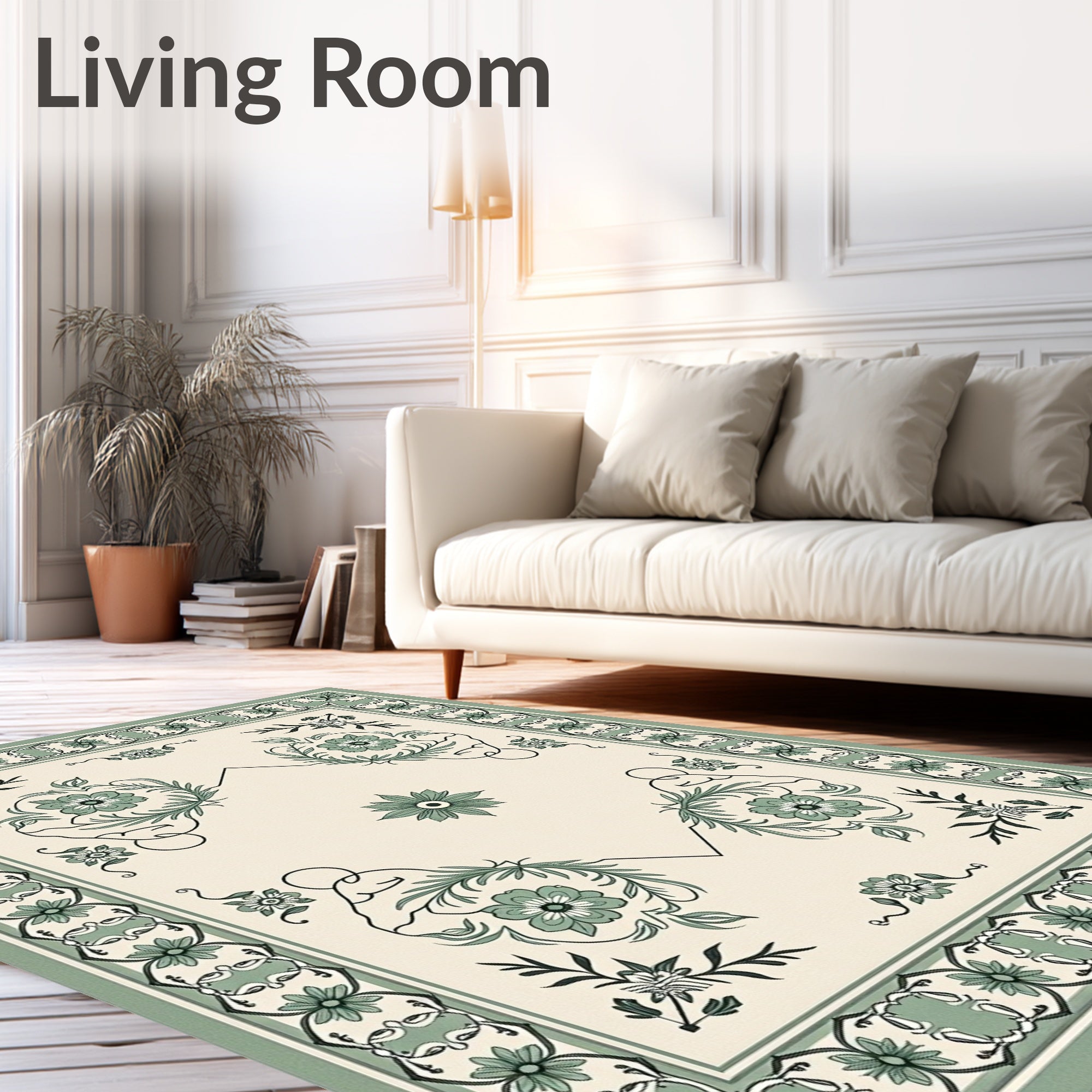 Sage Green Floral Medallion Border Rug