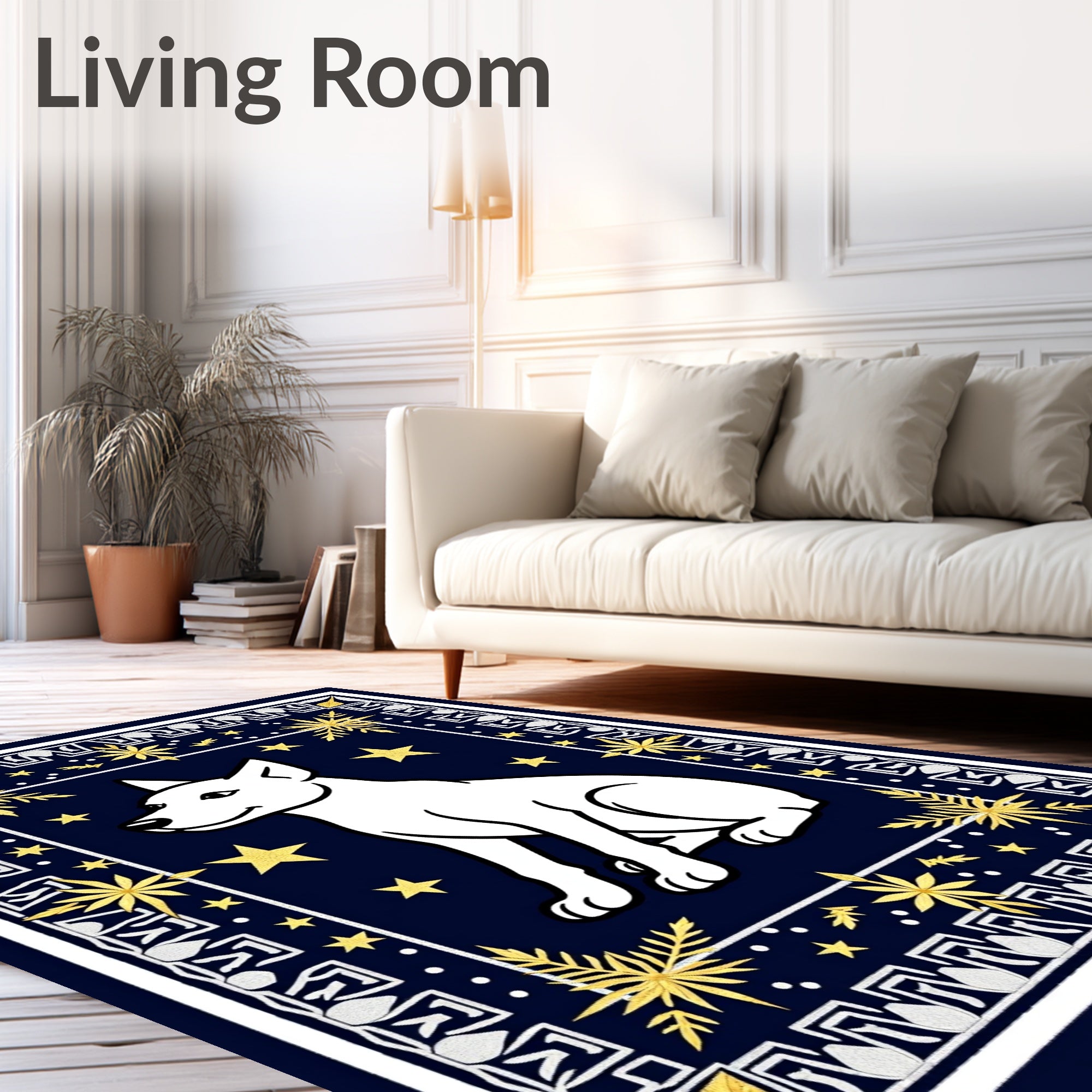 White Dog Golden Stars Navy Border Rug