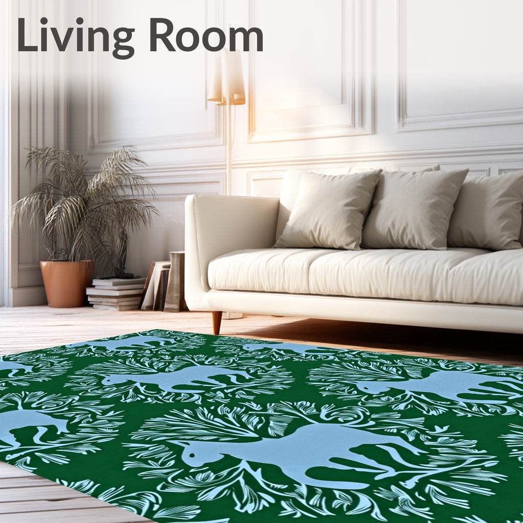 Light Blue Horse Green Floral Tableau Rug