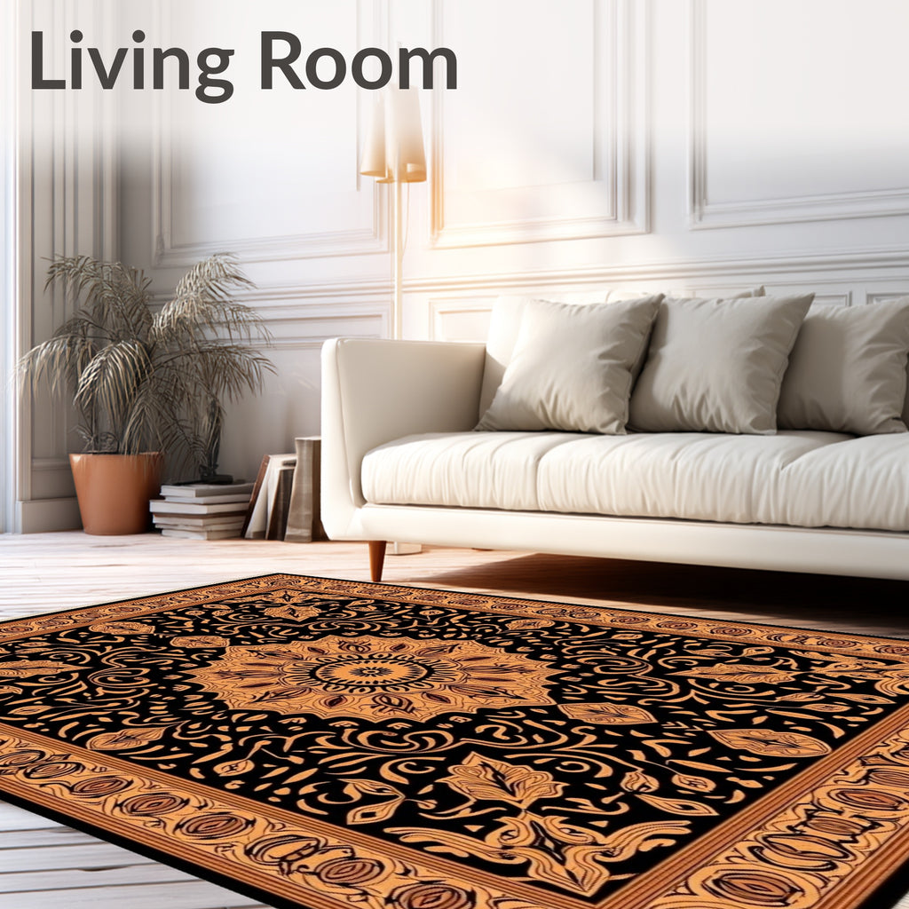 Golden Black Medallion Floral Border Rug