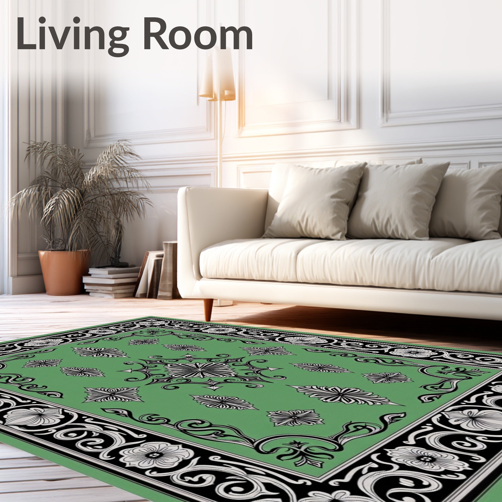 Green Floral Black Decorative Medallion Rug