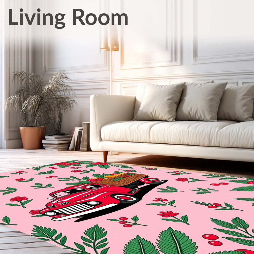 Red Retro Truck Berry Floral Background Rug