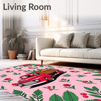 Red Retro Truck Berry Floral Background Rug