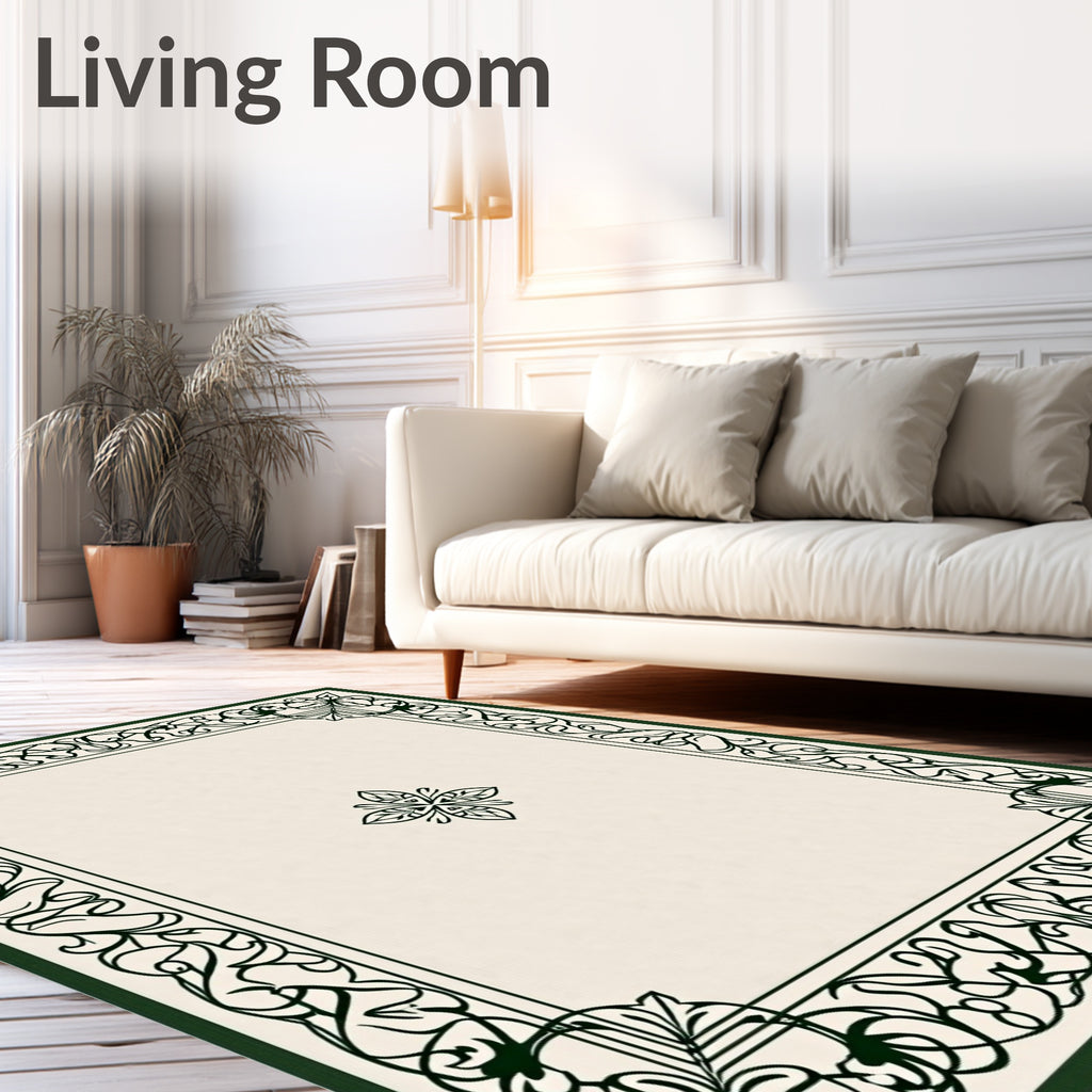 Elegant Ivory Dark Green Scroll Frame Rug