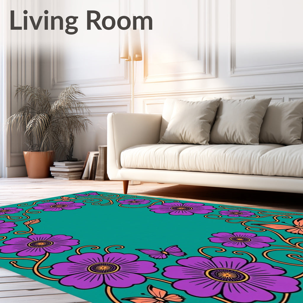 Vibrant Purple Floral Butterfly Border Rug