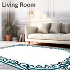 Teal Blue Floral Scroll Frame Rug