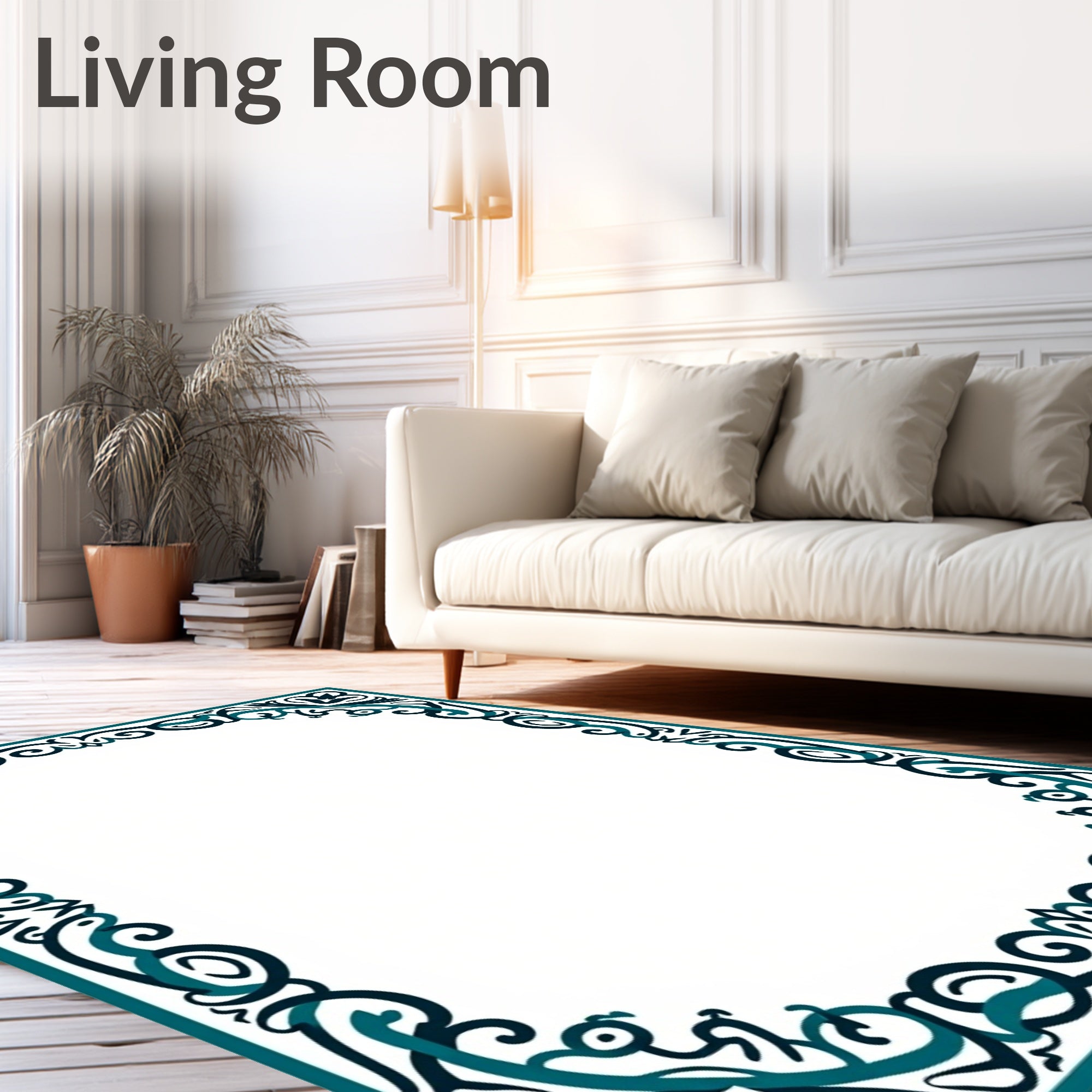 Teal Blue Floral Scroll Frame Rug