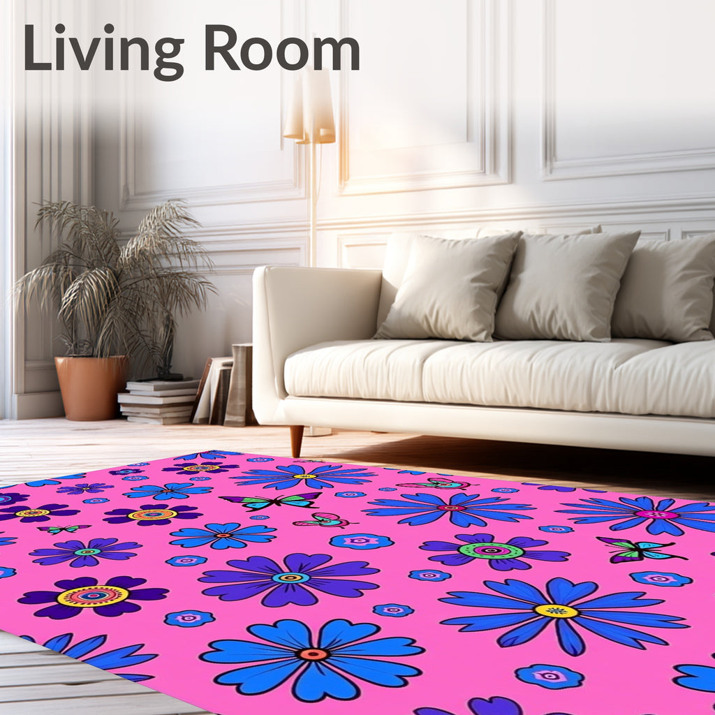 Pink Blue Floral Butterfly Garden Rug
