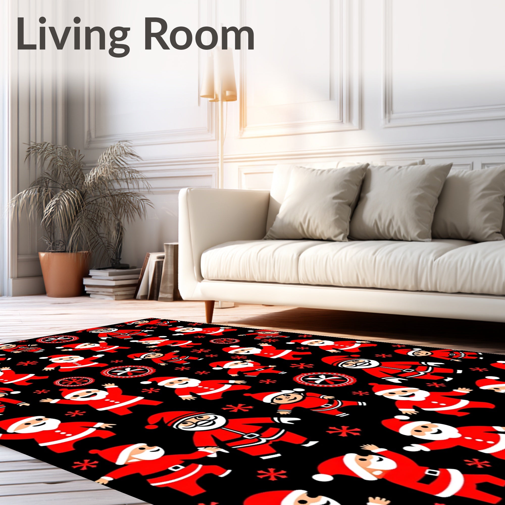 Jolly Santas Black Red Whimsical Holiday Rug
