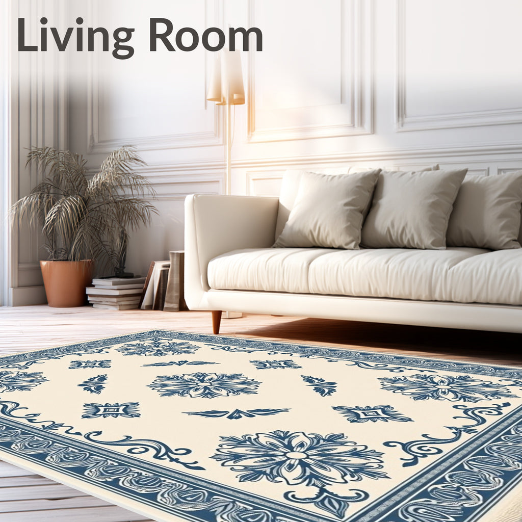 Cream and Navy Floral Medallion Rug