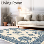 Cream and Navy Floral Medallion Rug
