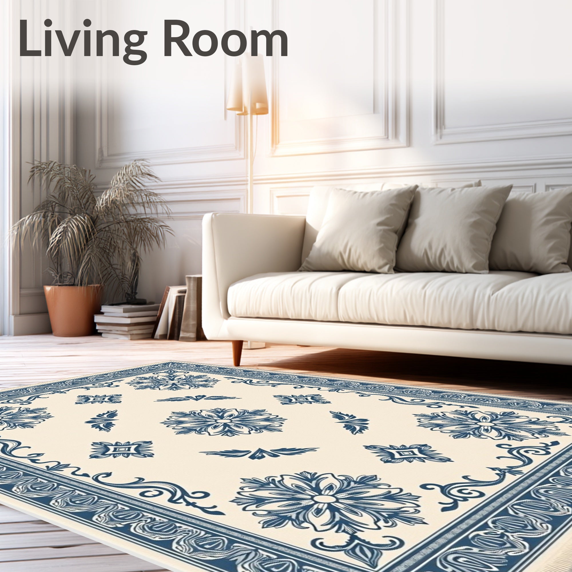Cream and Navy Floral Medallion Rug