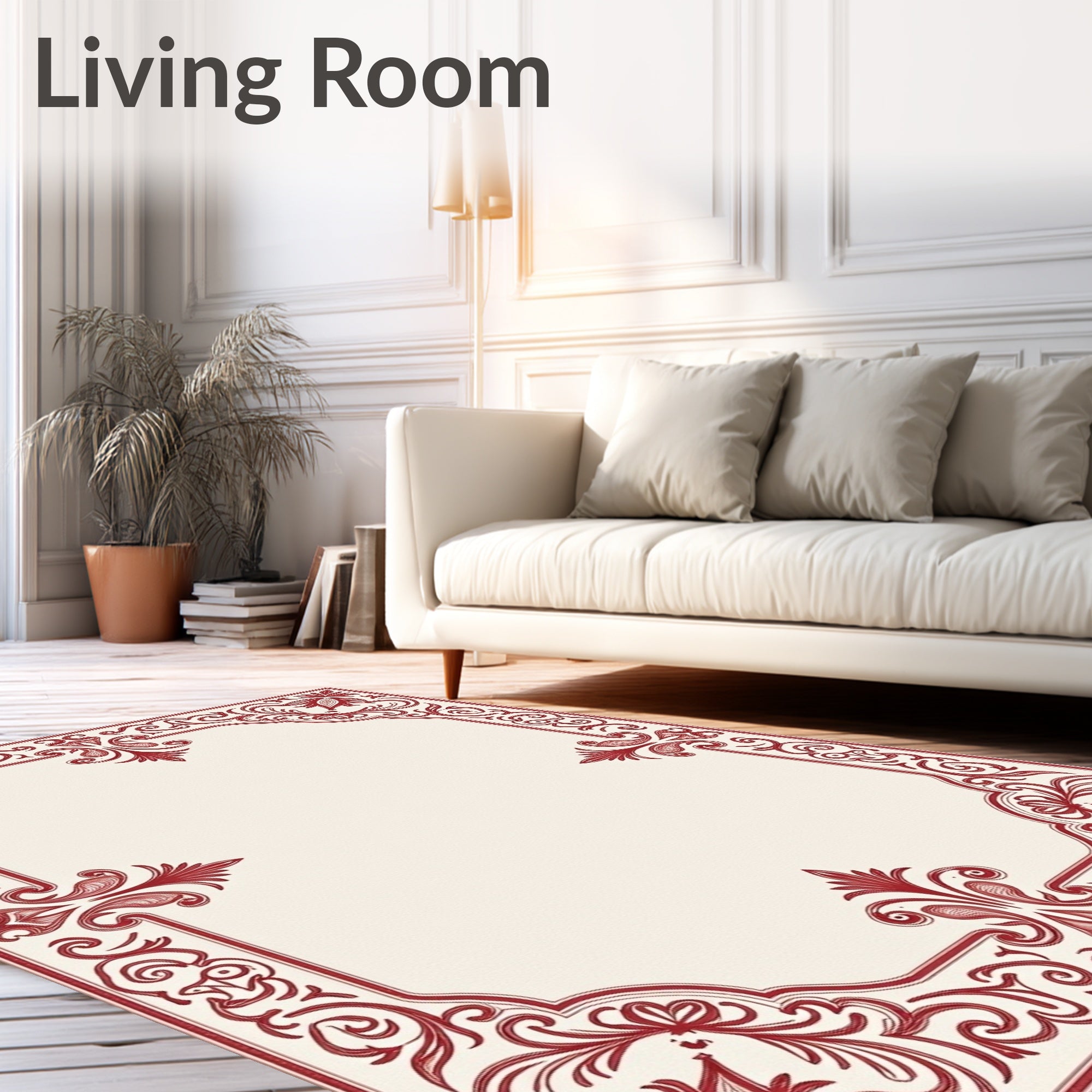 Deep Red Floral Scroll Border Rug