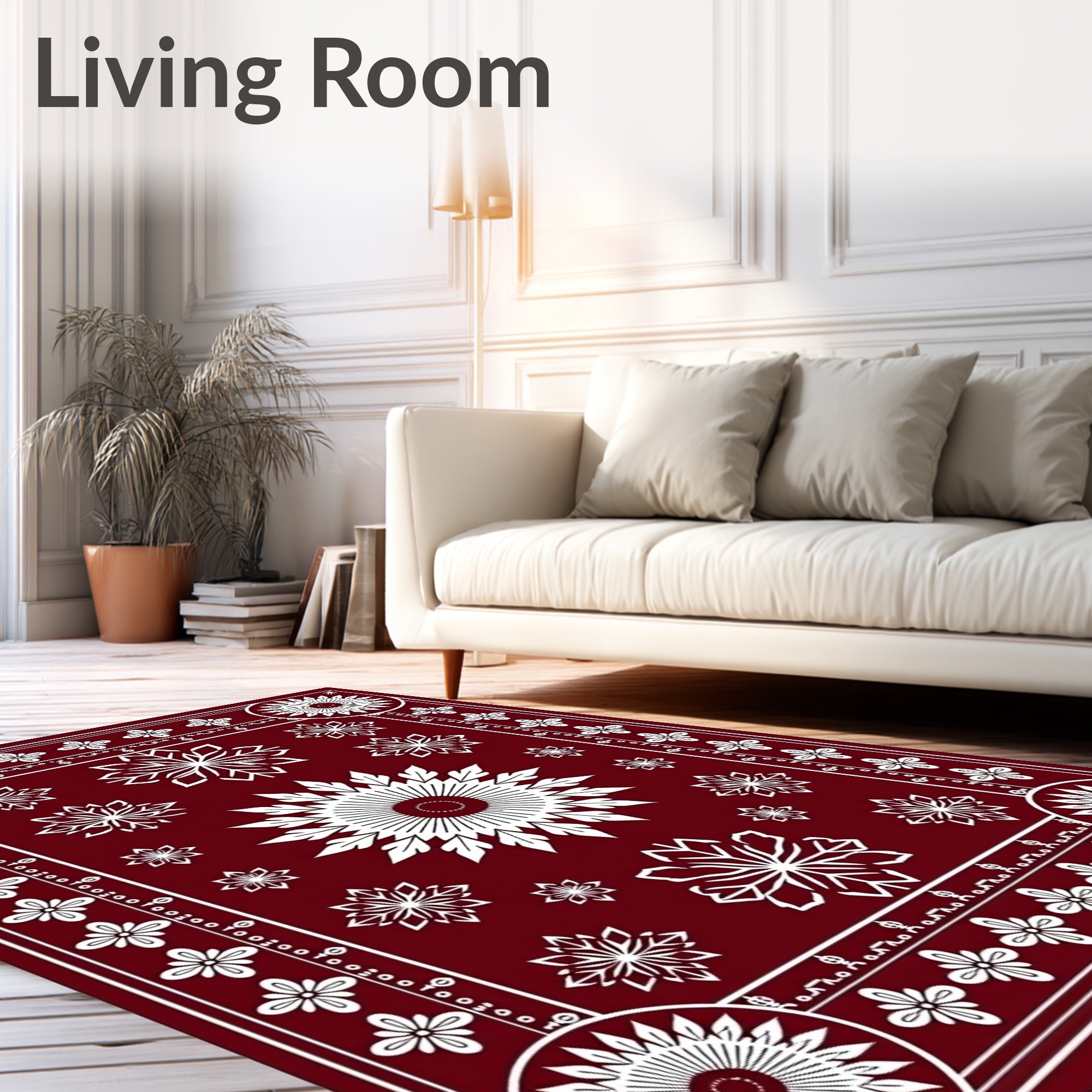 Crimson White Mandala Floral Burst Rug