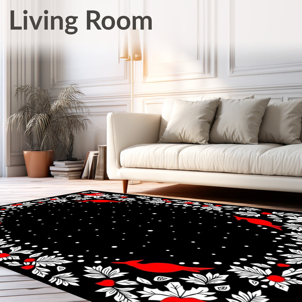 Crimson Cardinal Foliage Snowfall Border Rug