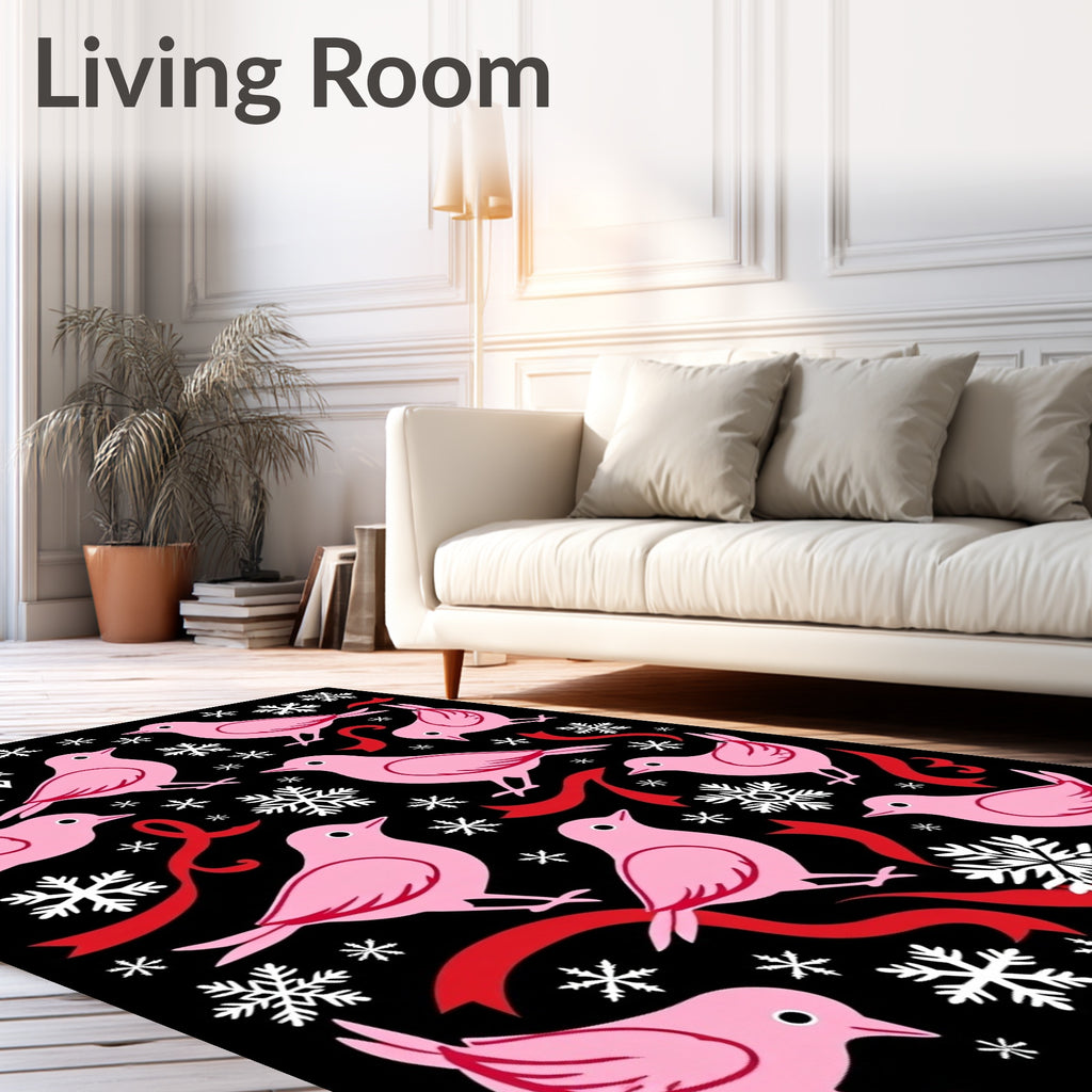 Pink Birds Red Ribbons Snowflakes Rug