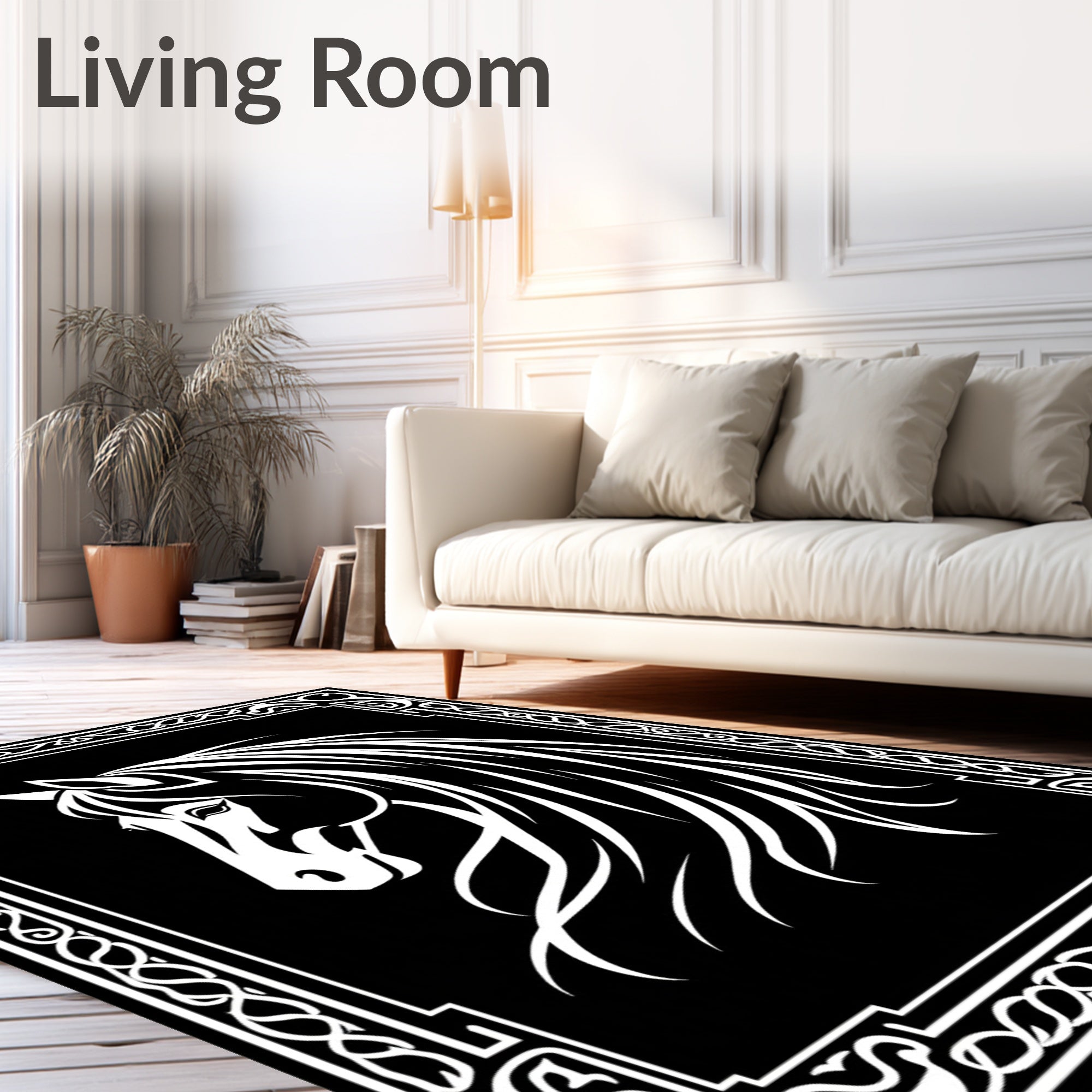 Black White Horse Head Adorned Border Rug