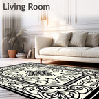 Ivory Black Ornamental Script Medallion Rug