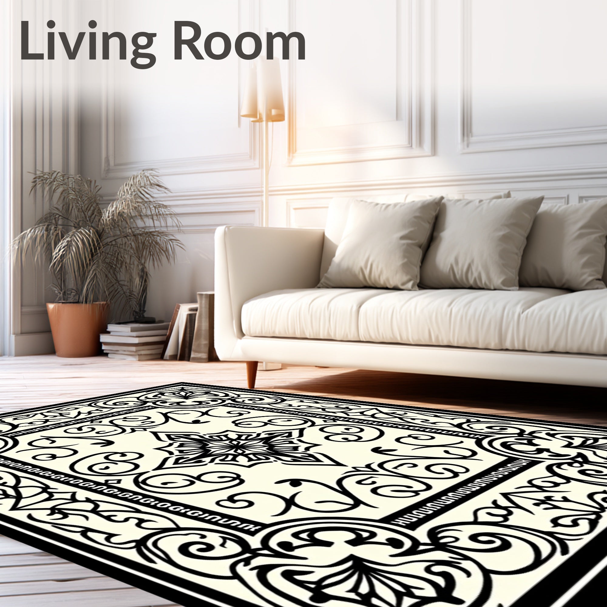 Ivory Black Ornamental Script Medallion Rug