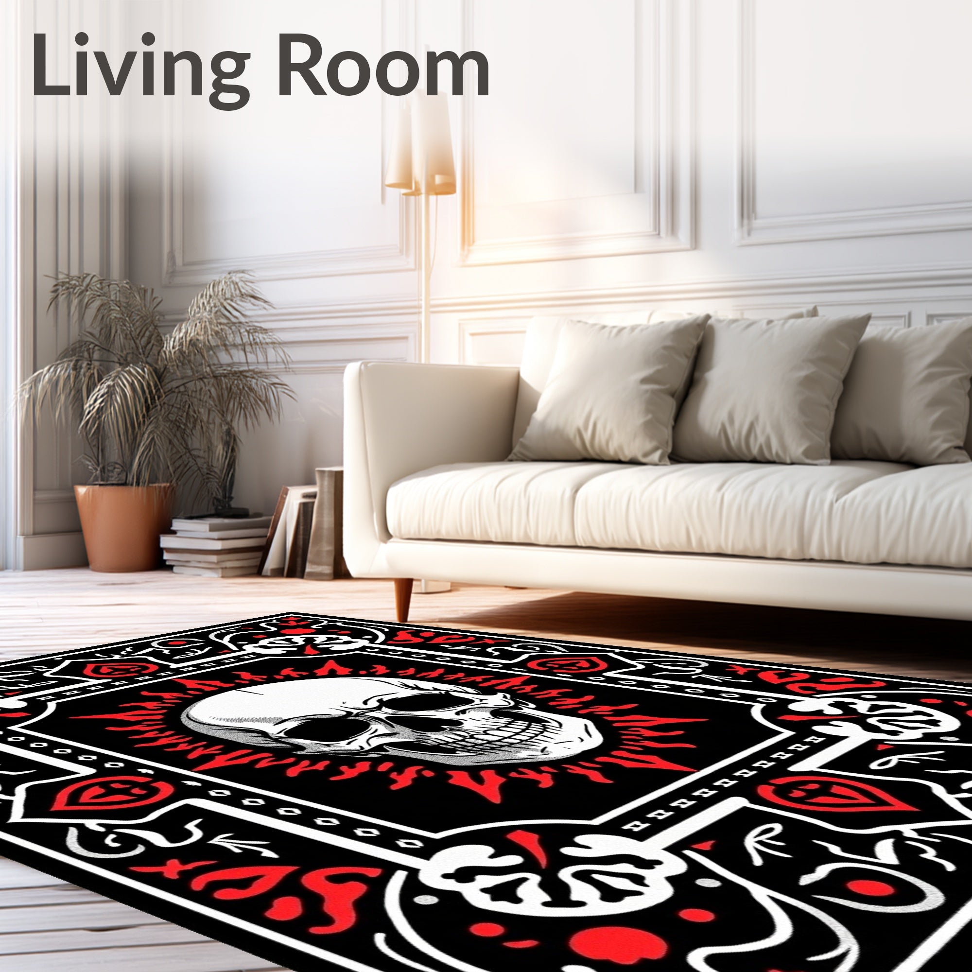 Bold Skull Red Fire Tribal Frame Rug