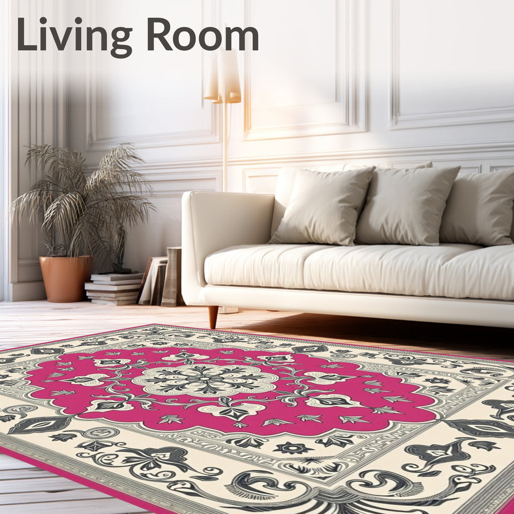 Vibrant Pink Floral Medallion Scrollwork Rug