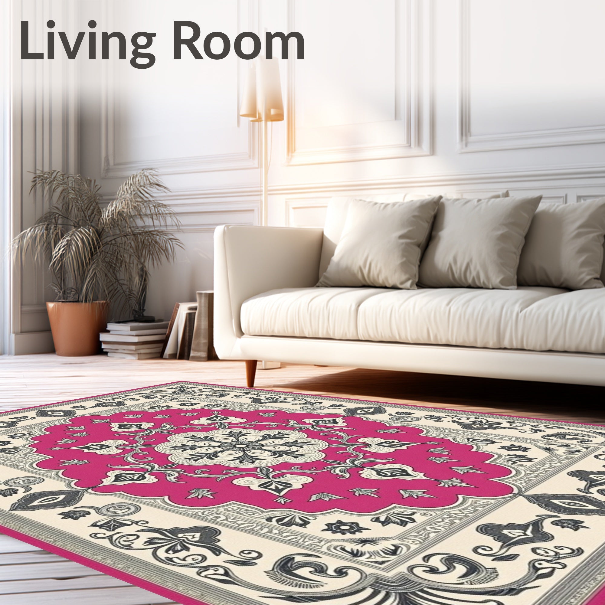 Vibrant Pink Floral Medallion Scrollwork Rug