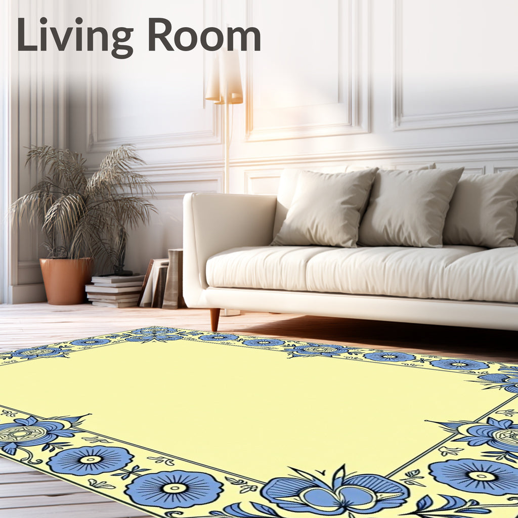 Pale Yellow Blue Floral Meadow Frame Rug