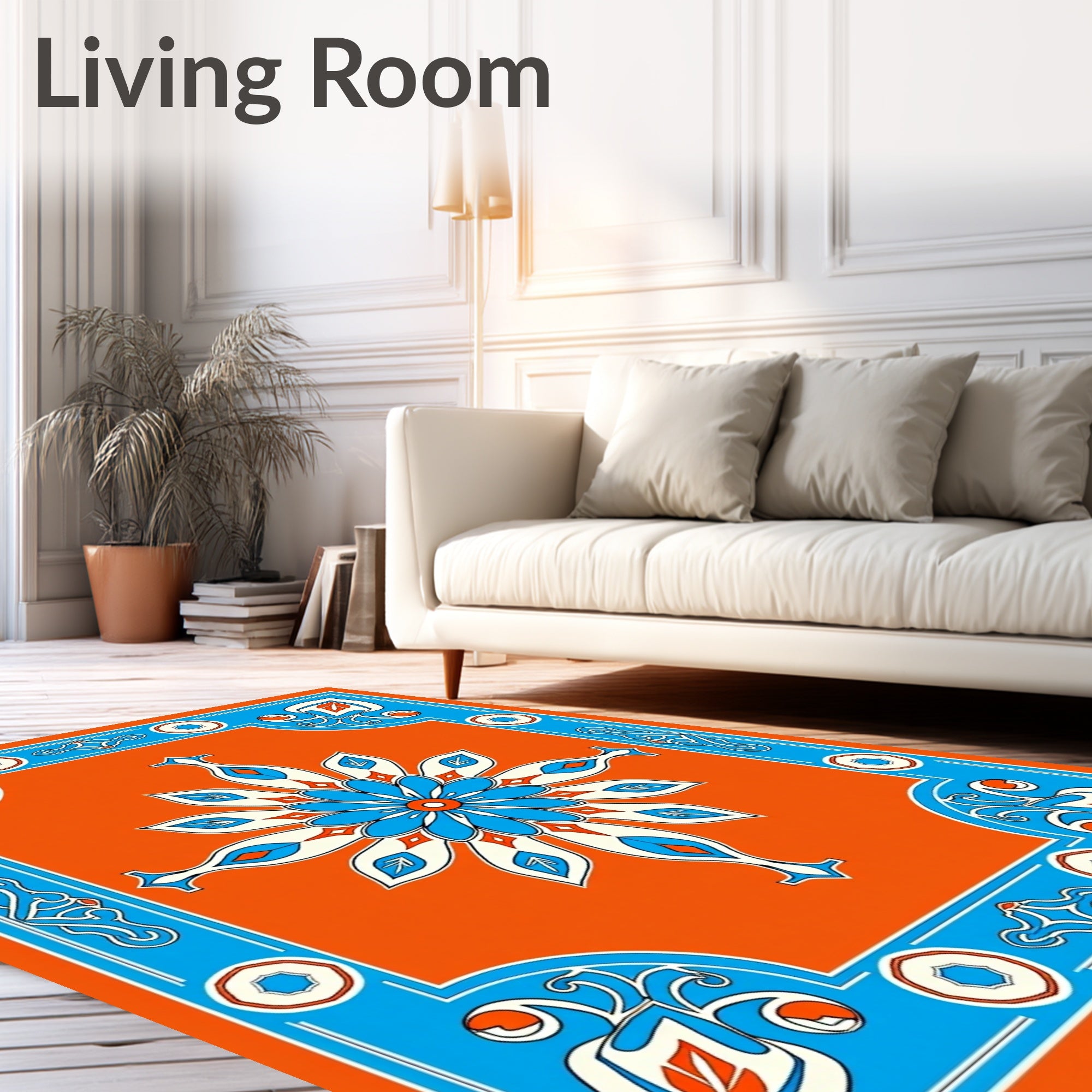 Vibrant Blue Orange Floral Medallion Rug