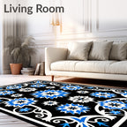 Black Floral Starburst Cobalt Blue Rug