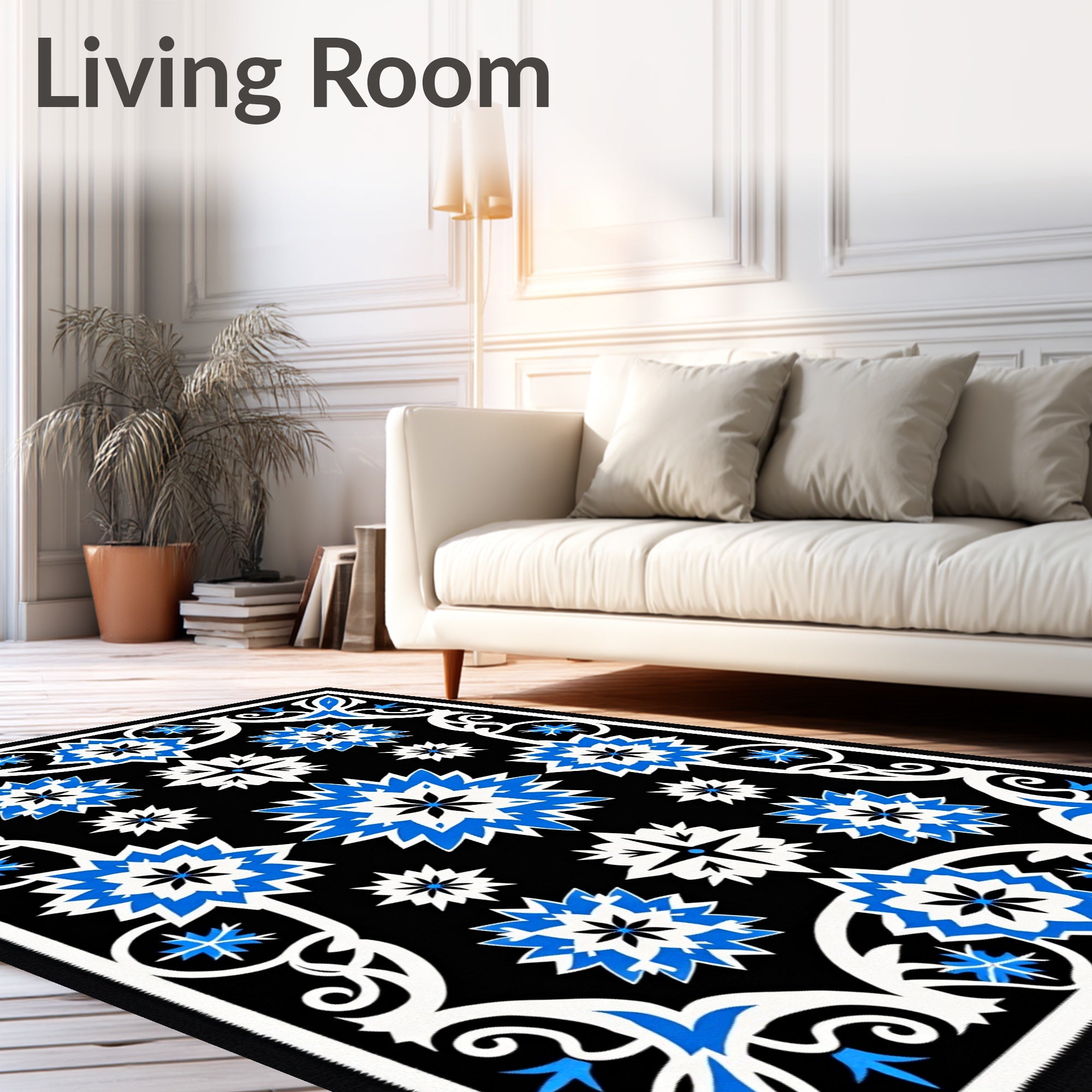 Black Floral Starburst Cobalt Blue Rug