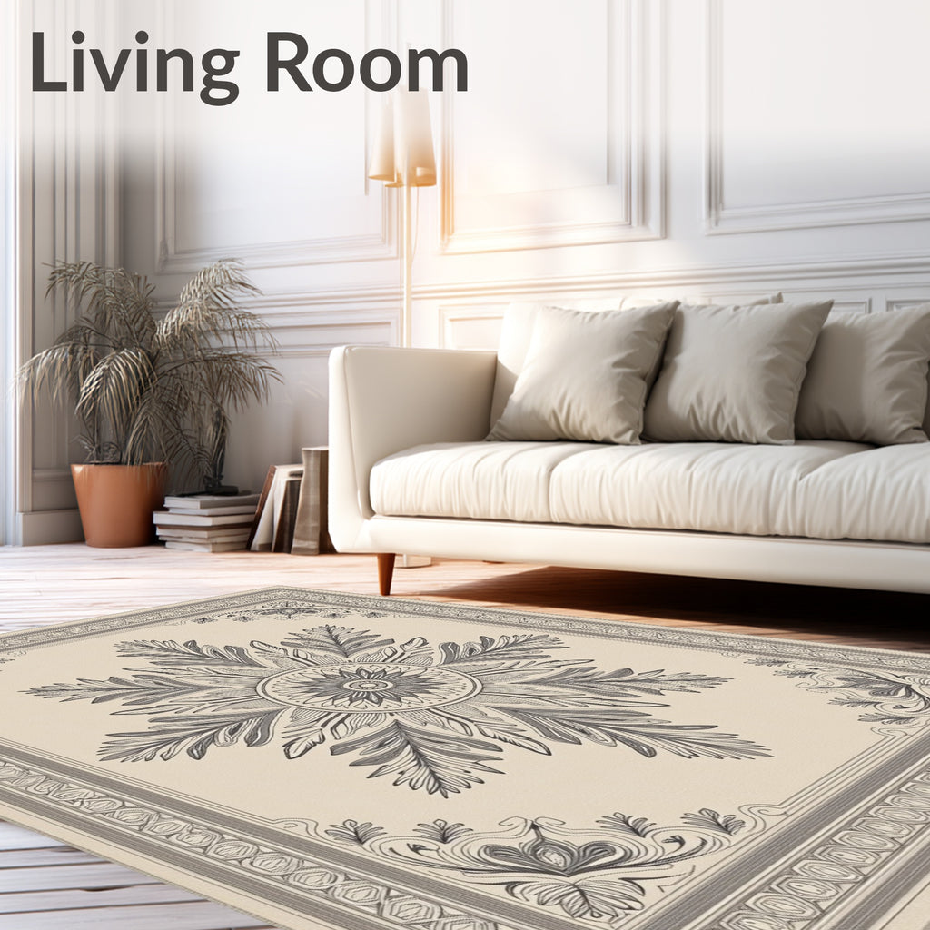 Elaborate Beige Floral Medallion Border Rug