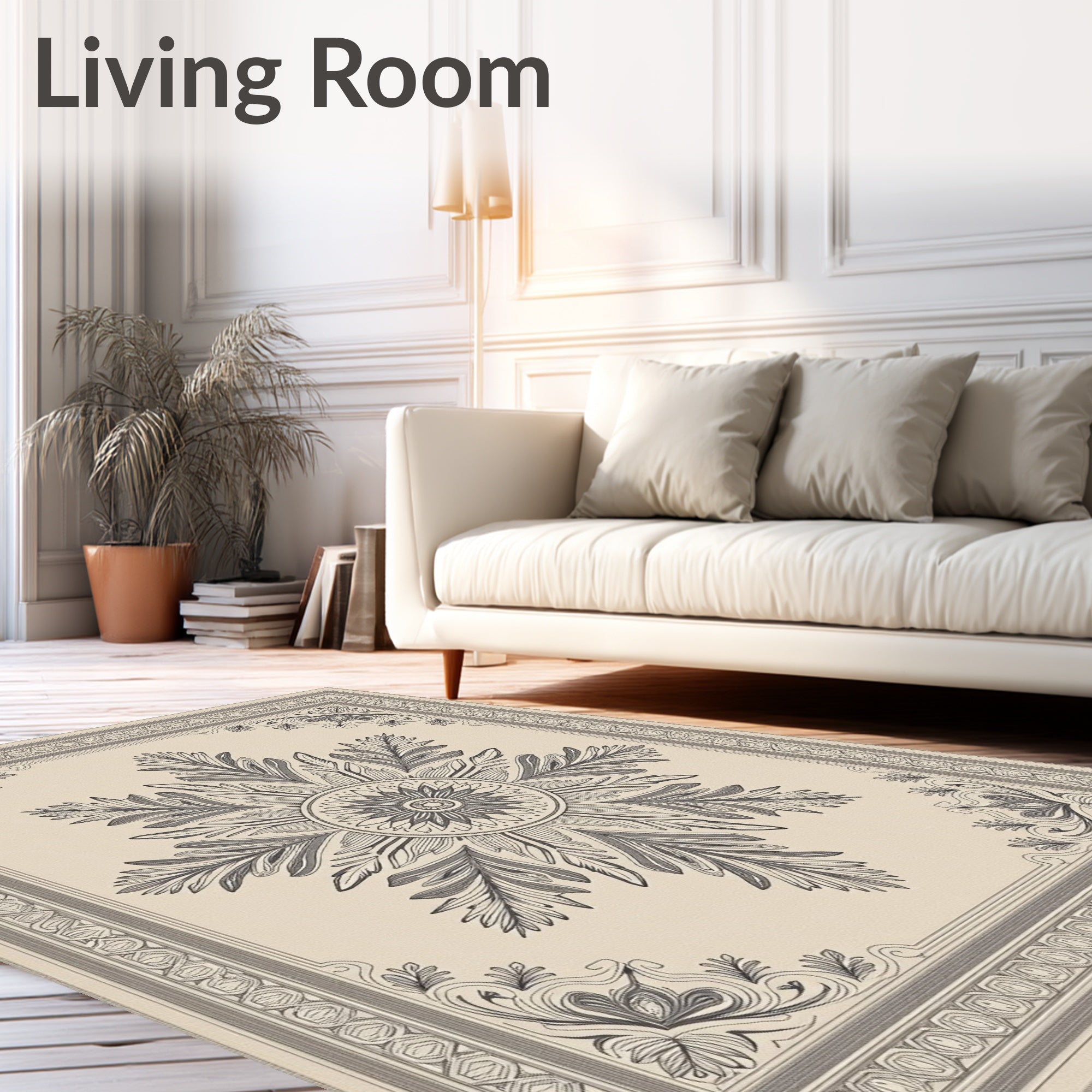 Elaborate Beige Floral Medallion Border Rug