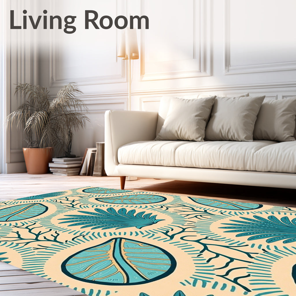 Teal Tropical Leaf Branch Medallion Rug