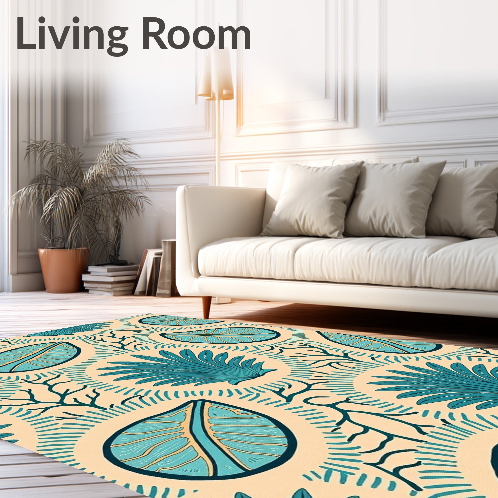 Teal Tropical Leaf Branch Medallion Rug