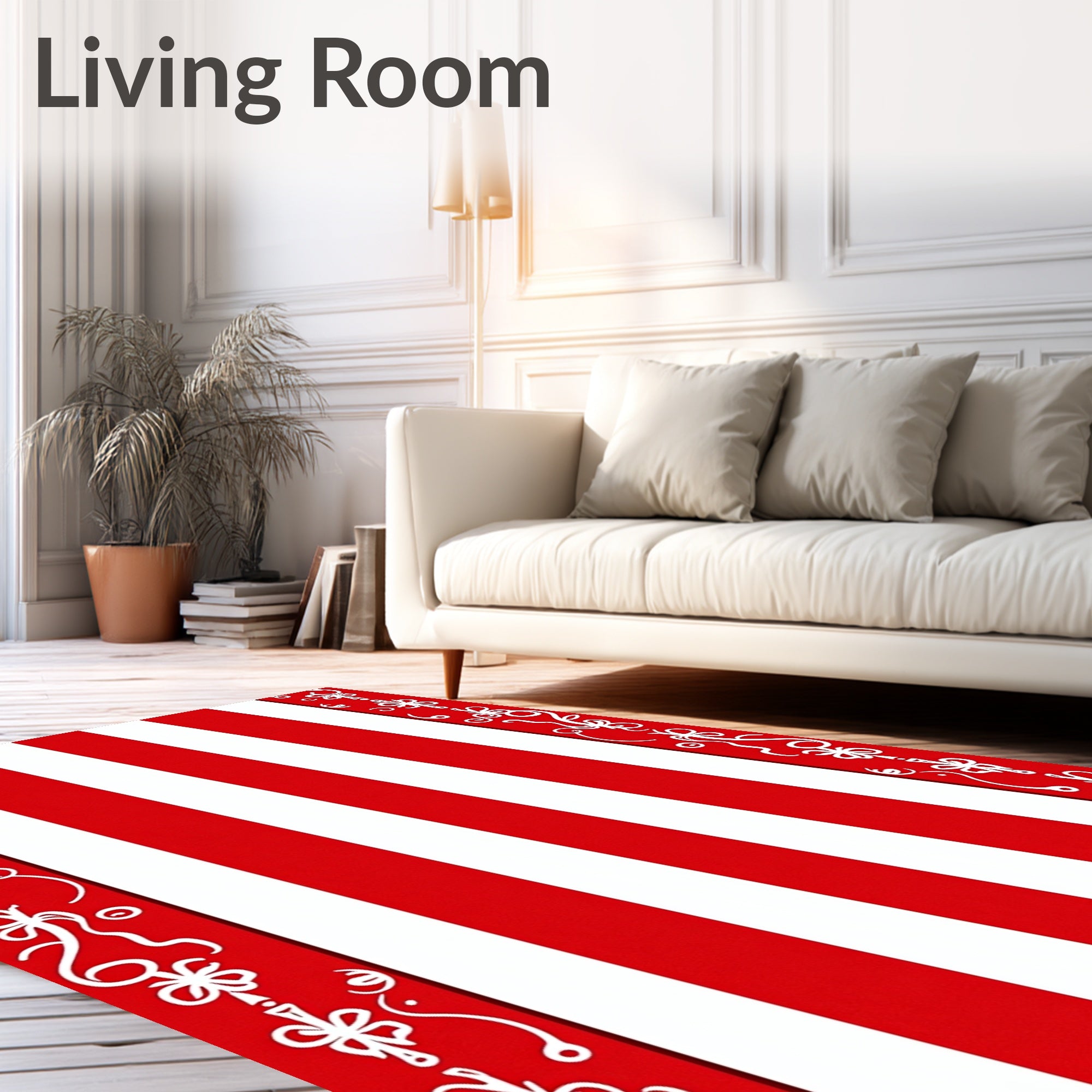 Red white striped ornate border Rug