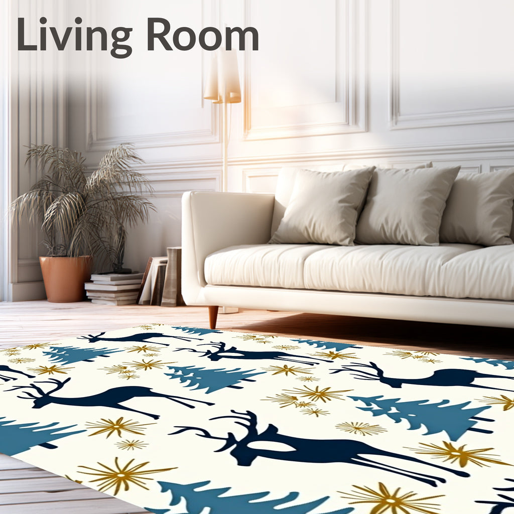 Navy Deer Pine Snowflakes Gold Rug