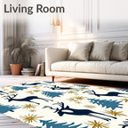 Navy Deer Pine Snowflakes Gold Rug