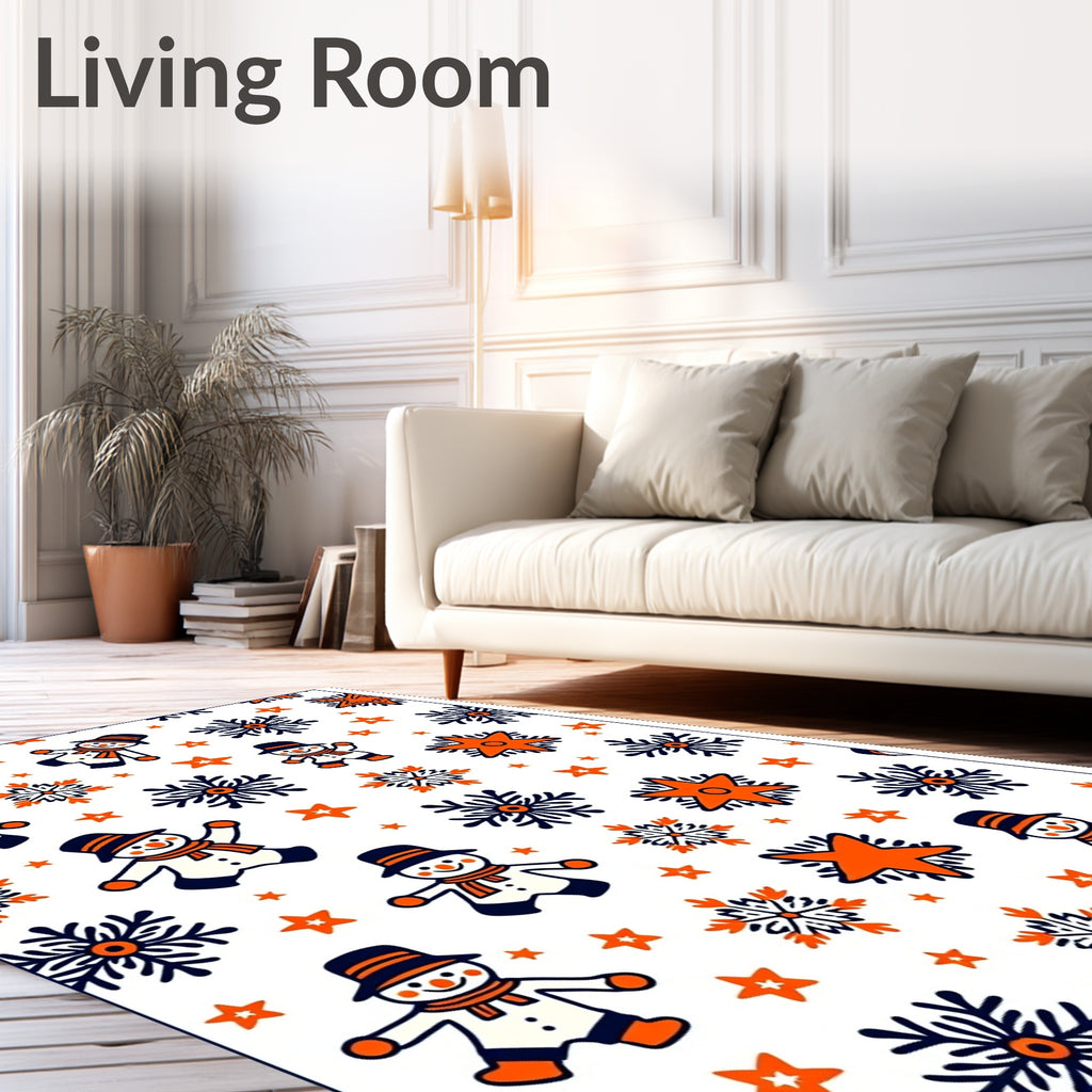 Whimsical Snowman Orange Snowflake Star Rug