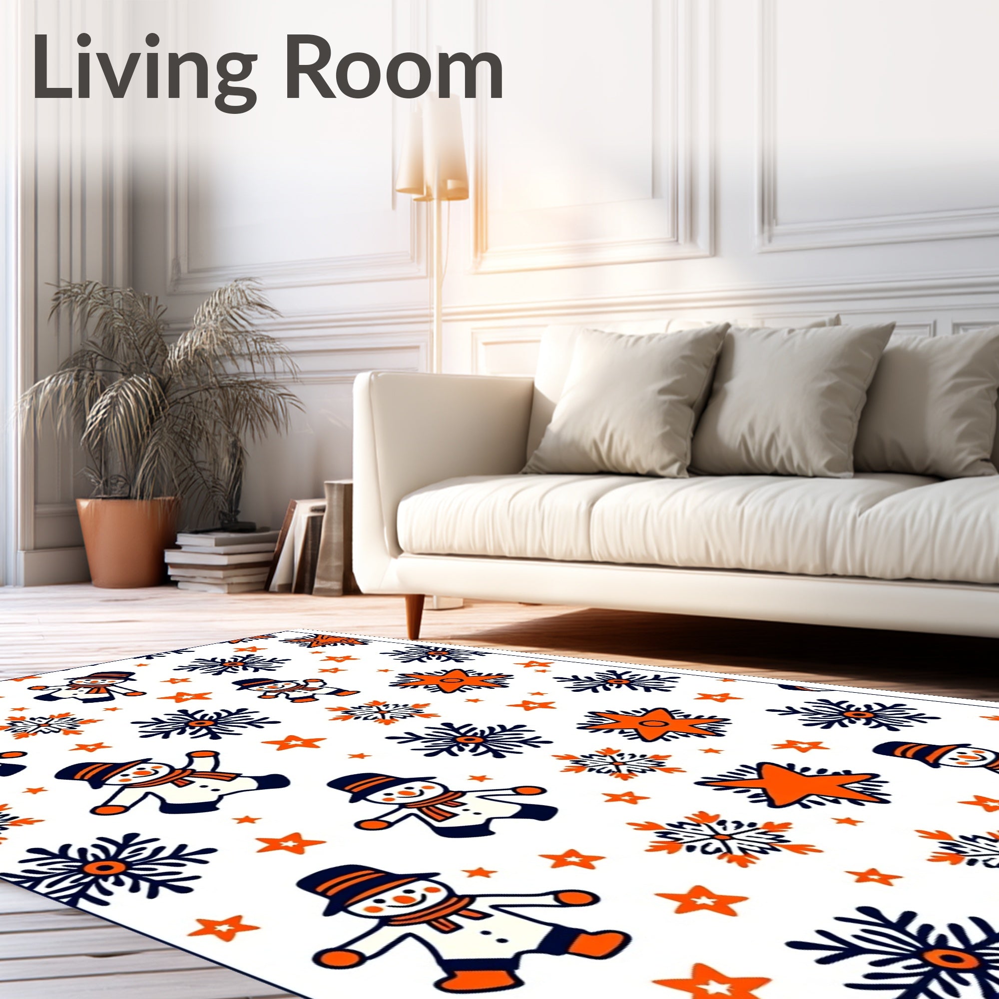 Whimsical Snowman Orange Snowflake Star Rug
