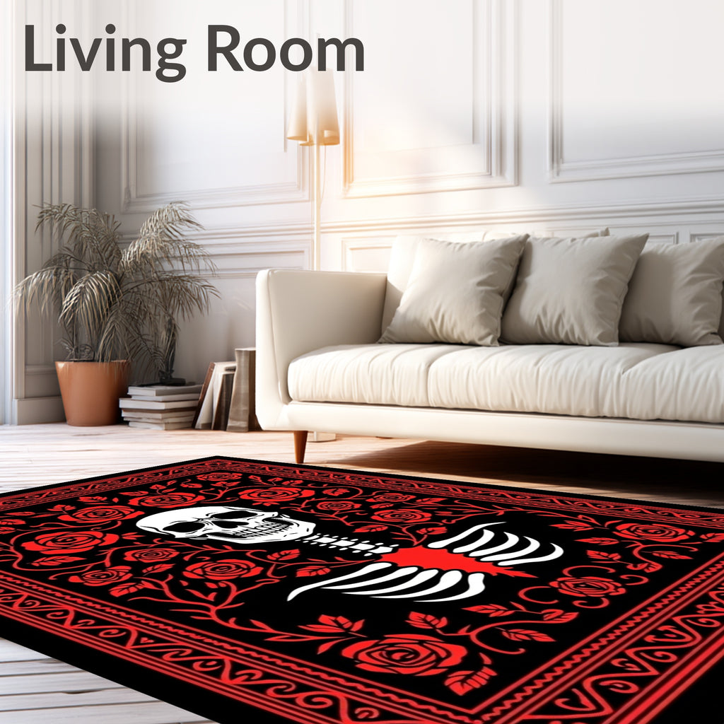 Red Skull Rose Bordered Fabric Rug